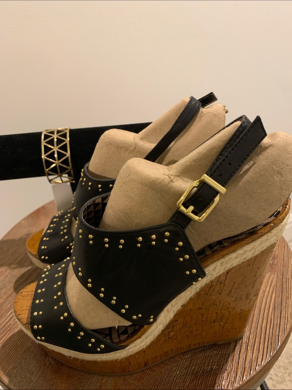 Jessica Simpson Black Studded Wedge Sandals with Gold Buckle with bracelet